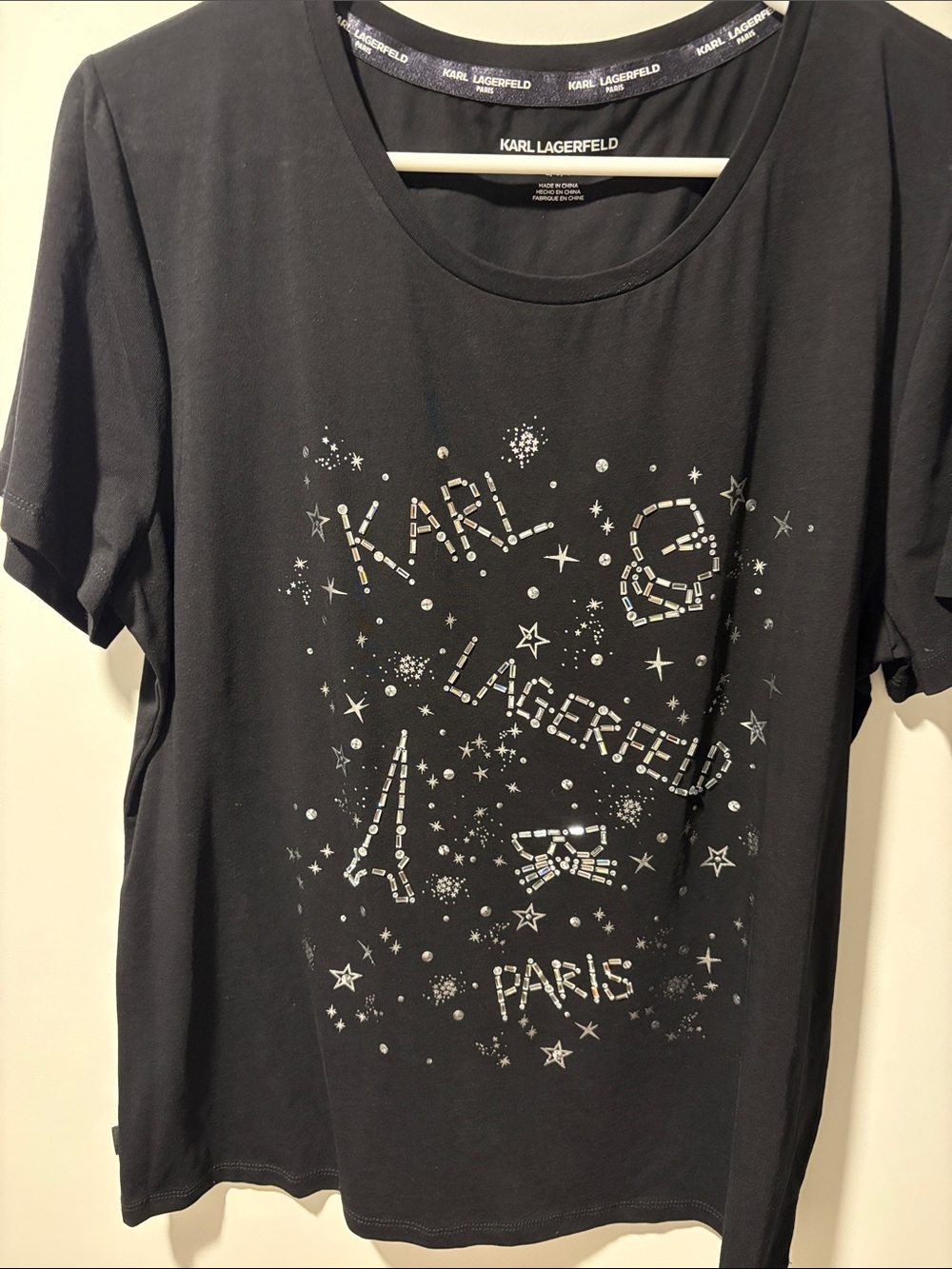 Karl Lagerfeld Short-Sleeve Tee Size L with Silver Paris Rhinestone Details